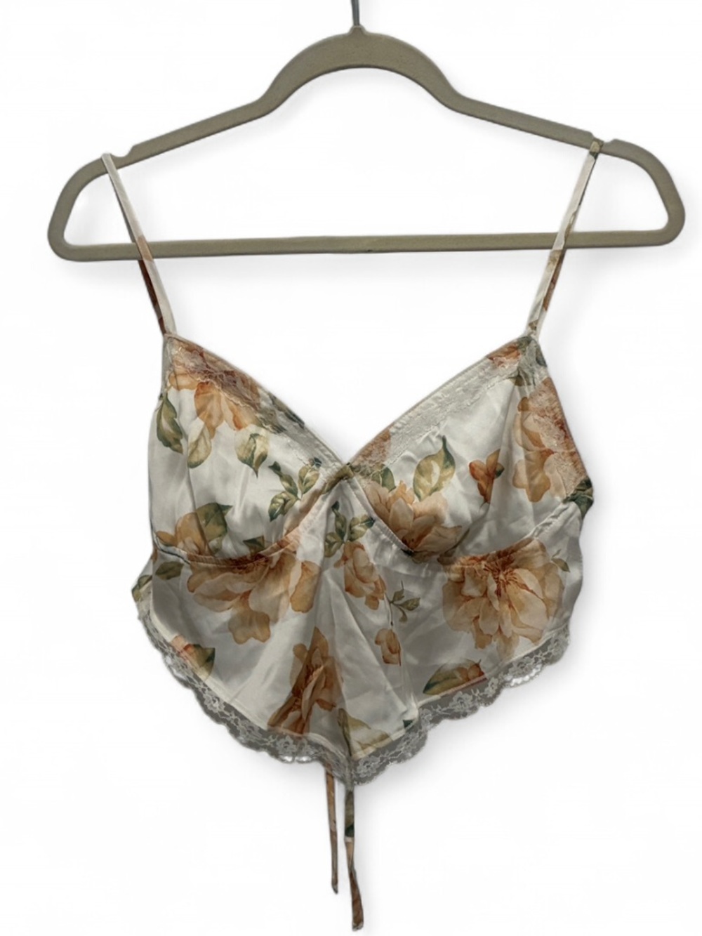 Blue Blush Satin Floral Lace-Trim Handkerchief Tank Top - Cream & Peach